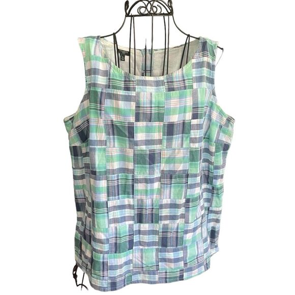 Talbots Patchwork Button Back Tank Top Womens Medium Blue Plaid Madras Cotton - Picture 4 of 13